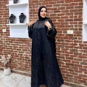 عباية دبل كلوش كم ضيق اسود منقرش حرير ستان مستورد
